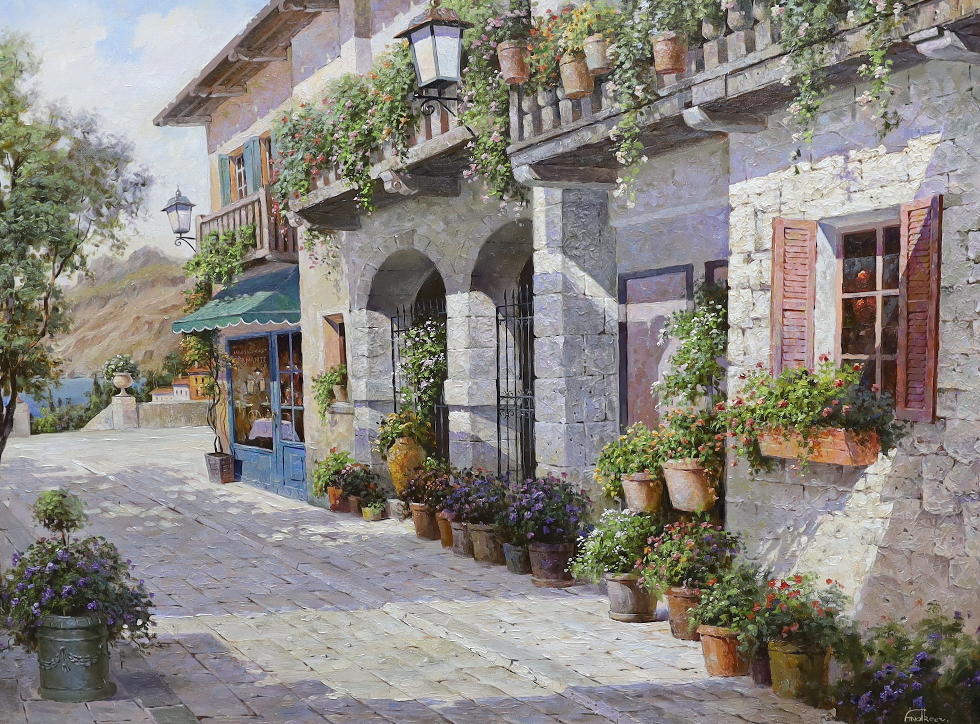 Vladamir Andreev, impasto oil on canvas, Mediterranean street scene before a lake, signed, 75 x 100cm